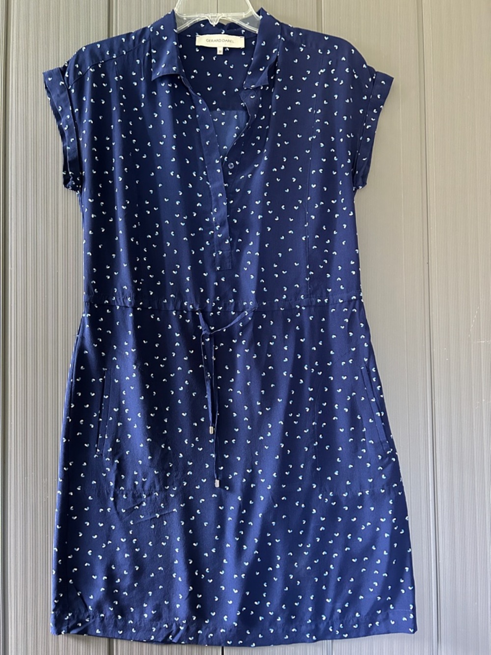 Gerard Darel Navy Blue Short Sleeve Shirt Dress with White Dot Print